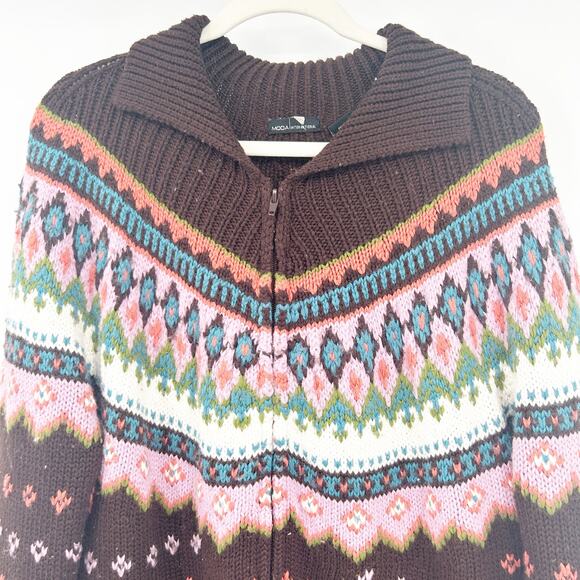 Moda International Womens Wool Blend Fair Isle‎ Knit Full Zip Cardigan Sweater L - Picture 2 of 8